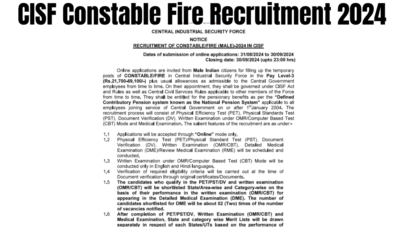 CISF Constable Fire Recruitment 2024